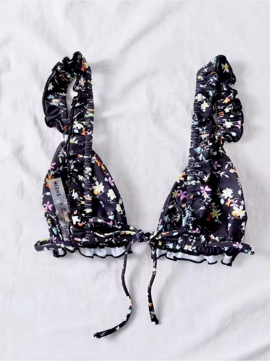 SHEIN Other - SHEIN Black Floral Ruffle Tie-Front Bralette